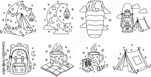Black and white line art camping scene with tent sleeping bag lantern backpack hot drink and stars for coloring book page label design