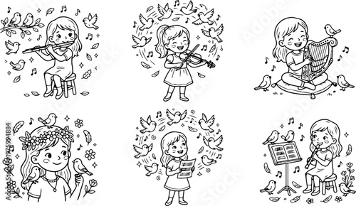Black and white vector art of happy girls playing flute violin and harp surrounded by birds and musical notes for coloring book pages with cute nature elements and joyful expressions