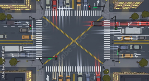 Aerial View of a Busy City Intersection at Night.