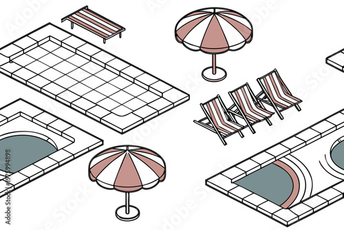 Isometric vector graphic showing luxury swimming pools with sun loungers and striped parasols arranged in a modern summer vacation pattern