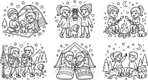 Black and white coloring book page set with happy children camping and hiking outdoors with dog tent lantern campfire sleeping bag stars hearts and trees in line art style