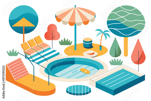 Vibrant vector illustration featuring a relaxing summer swimming pool area with sun loungers and decorative umbrellas for your creative projects