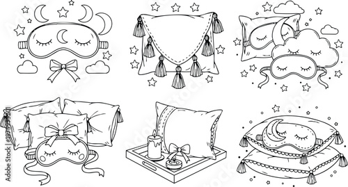 Black and white line art cozy sleep mask and pillow set with stars moon clouds candles and bows for relaxing bedtime calming peaceful night vector coloring book design