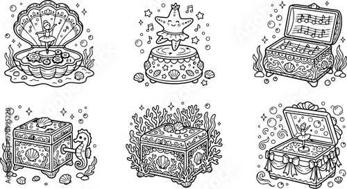 Black and white vector art of underwater themed music boxes with dancing ballerina starfish and seashell decorations for coloring book page set
