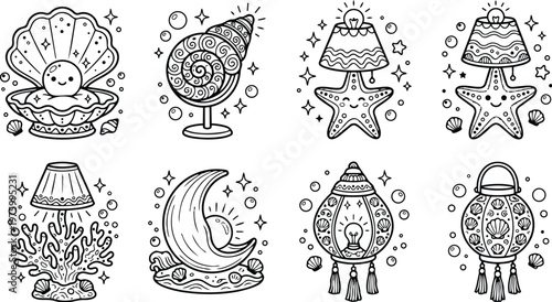 Cute smiling pearl in shell starfish lamp coral moon lamp sea lanterns marine coloring book cartoon vector art set for creative children and adults relaxing activity