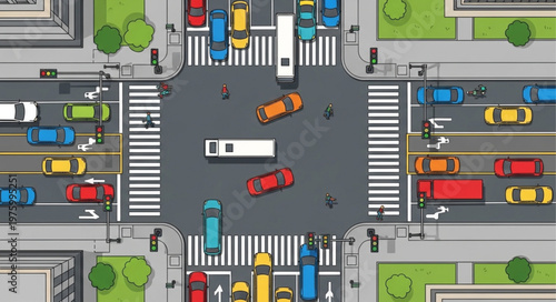 Aerial View of a Busy City Intersection with Cars and Pedestrians.