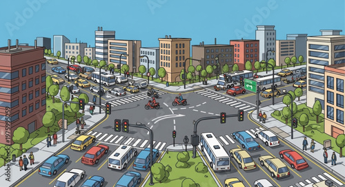 City Intersection with Traffic and Pedestrians in a Vibrant Urban Scene.