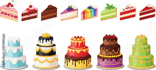 Set of cakes and cake slices flat vector collection of colorful desserts for birthday wedding party bakery menu design illustration
