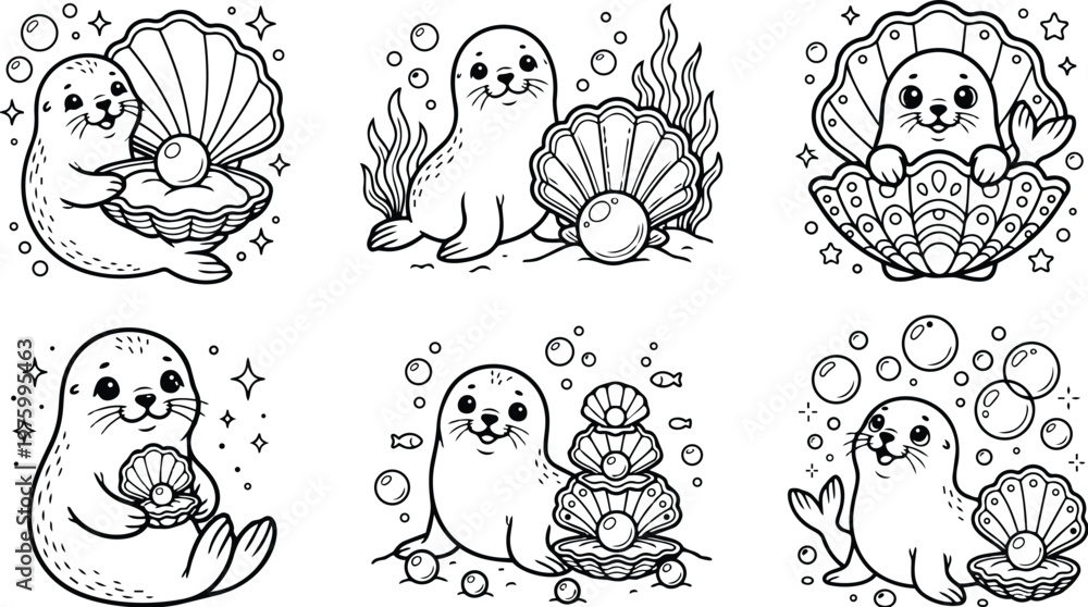Obraz premium Cute smiling seals holding and playing with opened clam shells containing pearls in underwater scene vector art coloring book style page set