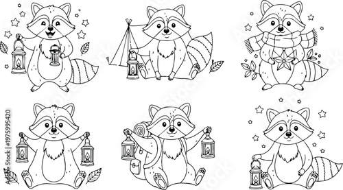 Cute smiling raccoon holding lantern and camping gear sitting with scarf stars leaves in black and white line art for coloring book page set