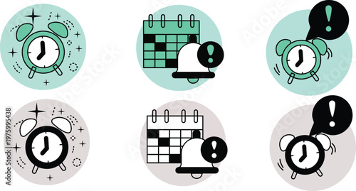 Reminder Notification Alarm Icons Set Calendar Alert Bell Clock UI Vector Doodle Style Time Schedule Warning App Interface Symbol Collection