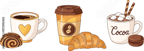 Set of coffee drinks and bakery pastries flat vector collection with croissant cocoa cup and takeaway coffee for cafe menu design illustration