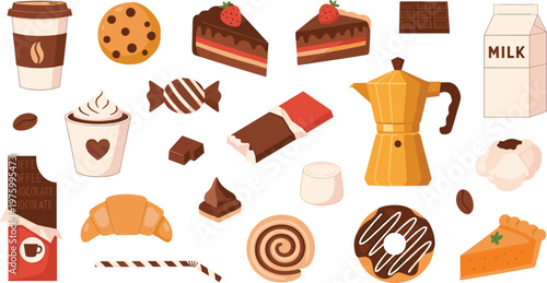Set of coffee drinks sweets and desserts flat vector collection with pastries chocolate milk and bakery items for cafe menu design illustration