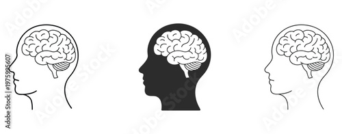 Human head with brain icons in vector format, outline and solid styles, symbolizing learning, mental health, intelligence, thinking, and knowledge.