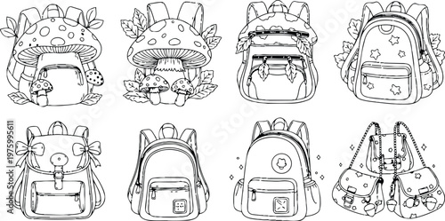 Black and white line art collection of cute backpacks with mushroom and leaf decorations bows stars and chain purses for coloring book pages detailed children school theme designs