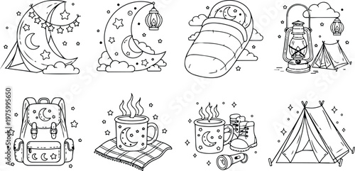 Black and white coloring book illustrations featuring camping tents crescent moons stars lantern sleeping bags backpacks hot beverages hiking boots and flashlights in night outdoors scene