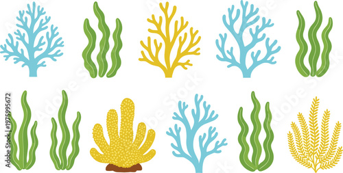 Set of coral reef elements and seaweed flat vector collection of underwater marine plants for ocean nature illustration and aquatic design