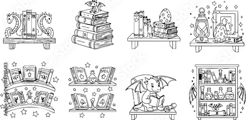 Line art magical bookshelf with dragons eggs spells potions and fantasy creatures in charming coloring book style adorable mystical reading creature on bench with bat wings and ancient books