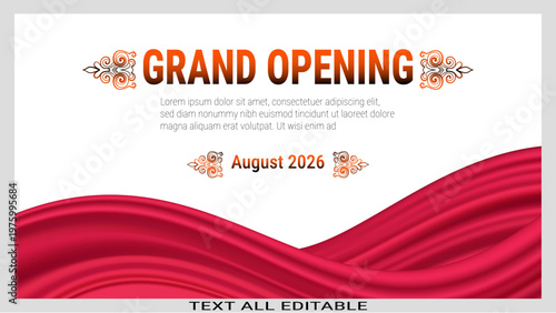 A grand opening event banner with red velvet fabric waves and decorative gold flourishes.