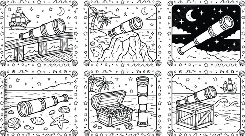 Black and white coloring book pages with pirate telescope and treasure chest illustrations at sea coast with ship palm trees starry night moon and shells design elements