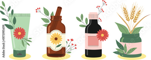Set of cosmetic and herbal bottles with flowers and plants flat vector collection of natural beauty products for skincare and wellness design