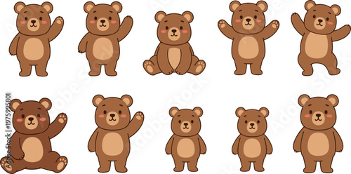 Set of cute cartoon bear characters in different poses flat vector collection of adorable animals for kids illustration and design