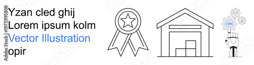 Supply chain, artificial intelligence, warehouse management, quality control, manufacturing, business optimization. Linear icons of a ribbon, warehouse and robotic arm. Supply chain and artificial