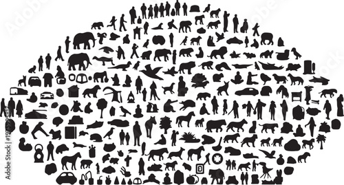 Black silhouette icon collection of people, animals, and objects. Large set of diverse vector symbols including wildlife, pets, human figures, and transport.