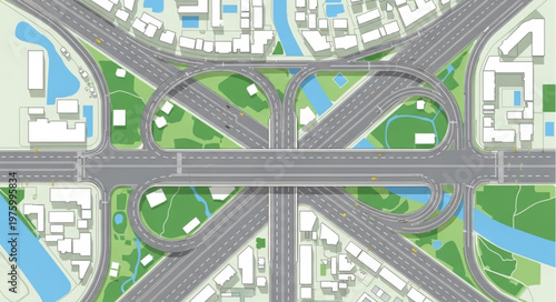 Aerial View of a Complex Highway Interchange with Green Spaces.
