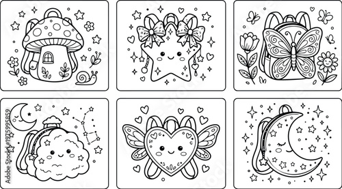 Cute coloring book page set with smiling mushroom star butterfly cloud heart and moon backpacks surrounded by stars flowers and hearts in black line art style