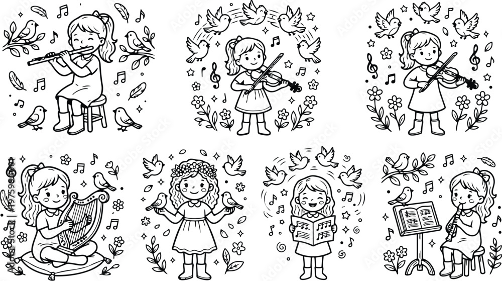 Obraz premium Coloring book page set featuring girls playing flute violin harp and singing with birds flowers music notes in cheerful joyful vector art style line drawing illustrations for children