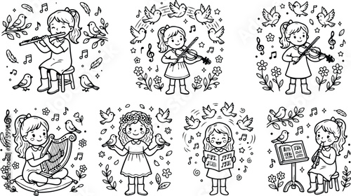 Coloring book page set featuring girls playing flute violin harp and singing with birds flowers music notes in cheerful joyful vector art style line drawing illustrations for children