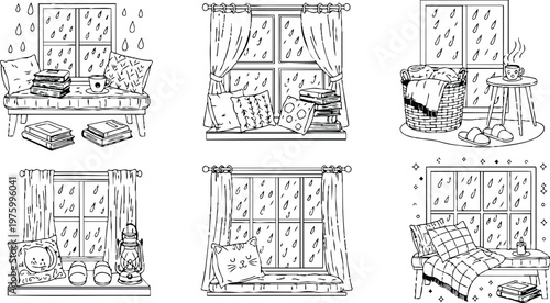 Cozy window seats with cushions books coffee lantern slippers and rainy weather scenes for coloring book relaxing home interior designs detailed line art illustration set