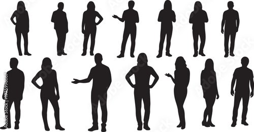 Black silhouette people collection with 14 standing figures, diverse group of men and women silhouettes in casual poses, flat vector human body outlines