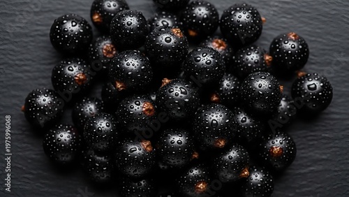 Captivating closeup of fresh black currants adorned with glistening water droplets on dark backdrop
