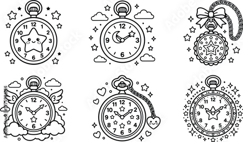 Cute pocket watches with stars clouds hearts and wings in coloring book style for children and adults collection black and white line art set