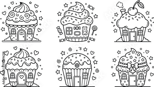 Black and white cupcake houses with creamy frosting and decorative candy elements for a whimsical coloring book featuring fantasy sweets with stars hearts and bows in vector line art style