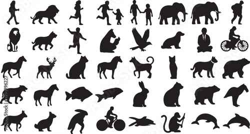 Black silhouette collection of 40 icons featuring wild animals, domestic pets, and people. Minimalist vector set of human figures and diverse animal shapes.