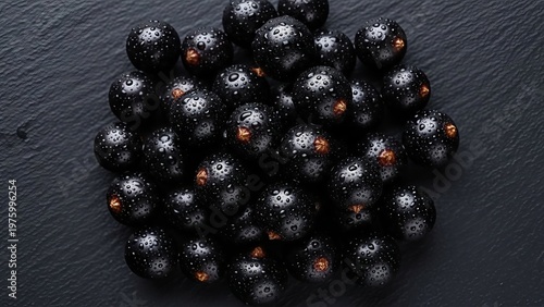 Captivating composition of fresh blackcurrants adorned with water droplets on slate surface