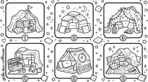 Black and white coloring book page with six different cozy pillow and blanket forts including teddy bear toys and lanterns illustrated in a flat line art style for children
