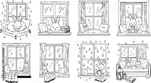 Black and white line art collection of cute bunny sitting reading and resting on cozy window seats with pillows books and blankets in various rainy and snowy weather scenes for coloring book