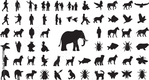 Black silhouette collection of people and animals, set of 60 vector icons featuring diverse human figures, wild wildlife, pets, and insects for graphic design