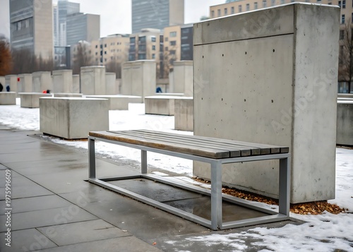 Empty wooden bench in a concrete memorial with snow on the ground Keywords: bench, seating, outdoor, memorial