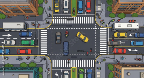 Aerial View of a Busy City Intersection with Traffic.