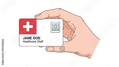Human hand holding a professional healthcare staff identification card, displaying a red medical cross symbol and photo placeholder, isolated on white.