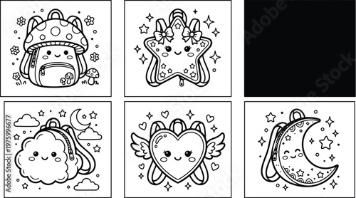 Cute smiling mushroom star cloud heart and moon shaped backpacks with wings surrounded by flowers stars hearts and clouds for children coloring book pages