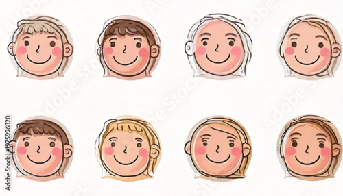 Smiling faces of diverse people in a row, cartoon style.