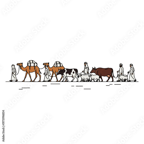 Vector flat design illustration of a desert caravan with camels, cows, and people in traditional clothing