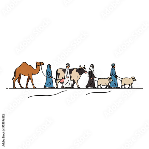 Vector flat design illustration of a nomadic family with camel, cow, and sheep in a procession across a barren landscape