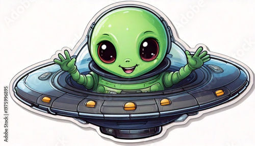 Smiling Green Alien in UFO.